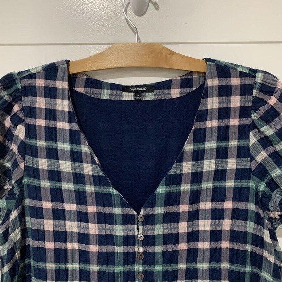 Madewell | Babydoll Dress Plaid Button Front Tiered Short V Neck- Size Medium - Picture 2 of 8